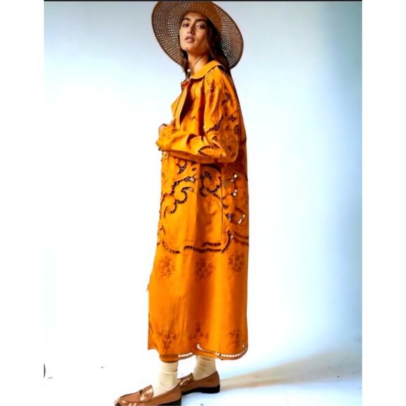 Free People Susanna Eyelet Cotton & Linen Duster Coat – Mustard Amber | Size M - Picture 6 of 6